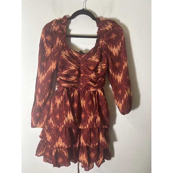 House of Harlow Burgandy Ikat  Copper Thread Ruffled Dress Sz XS - Picture 2 of 2